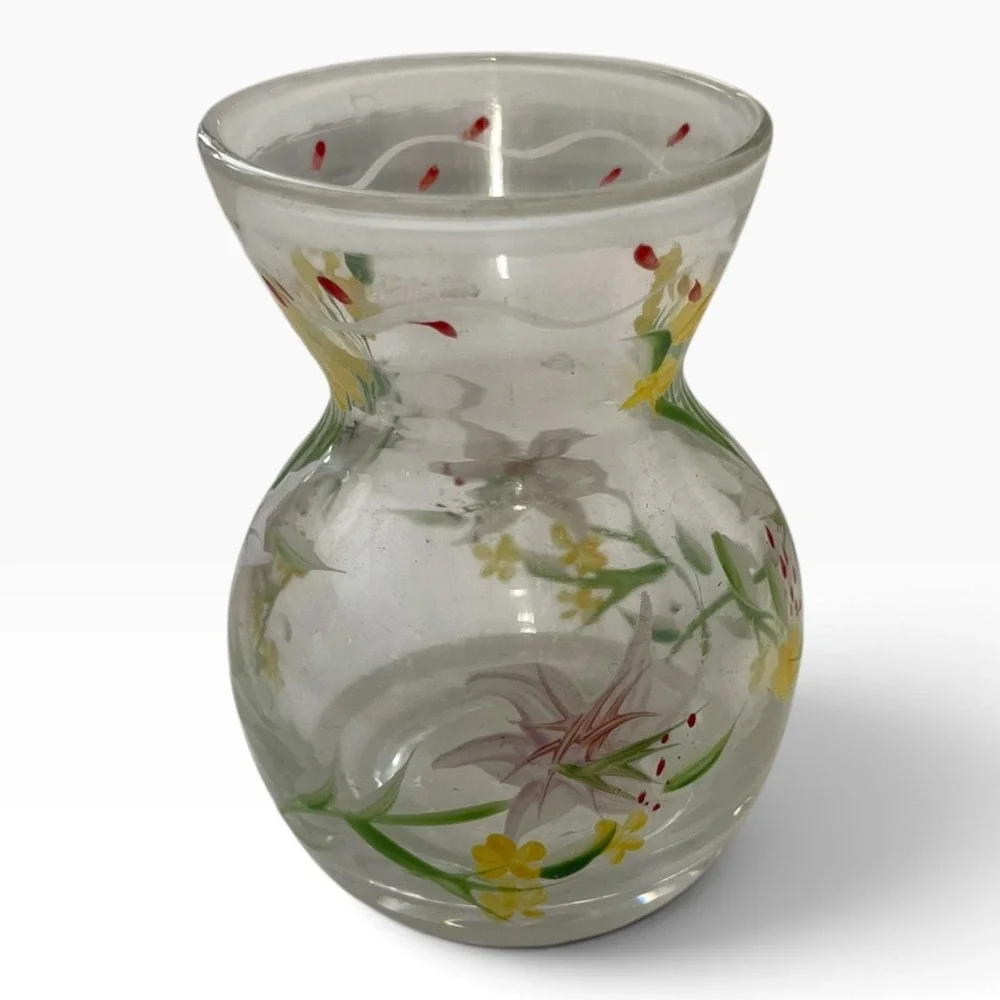 Small Hand-Painted Floral Glass Vase Clear Yellow Red Green Bud Flower Art Decor